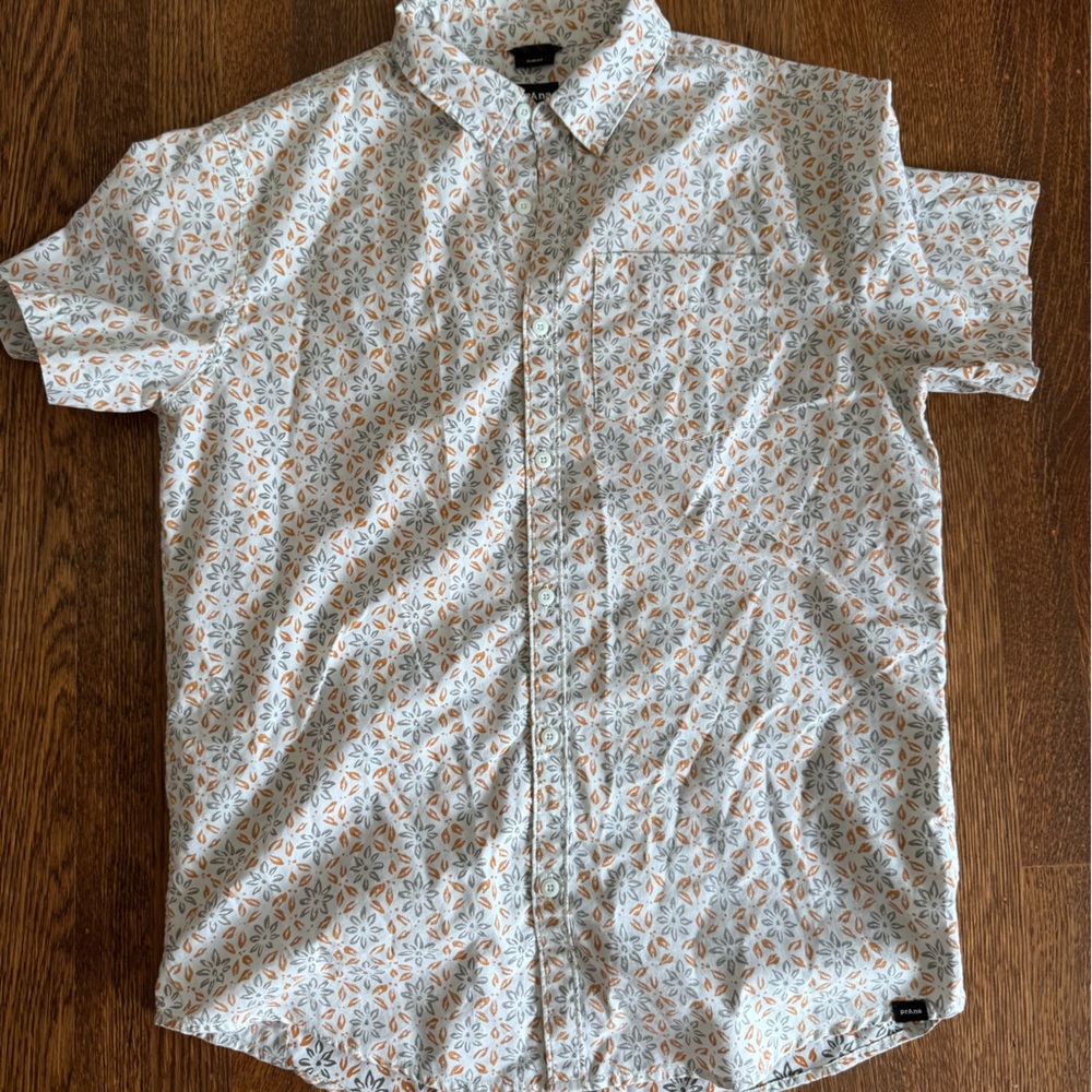 Prana Men's Shirt with Blue and Orange Floral Design short sleeve